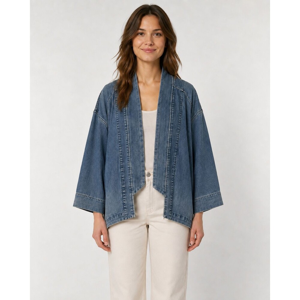 Anthropologie Denim Kimono Jacket Open Front Blue Oversized Size Small